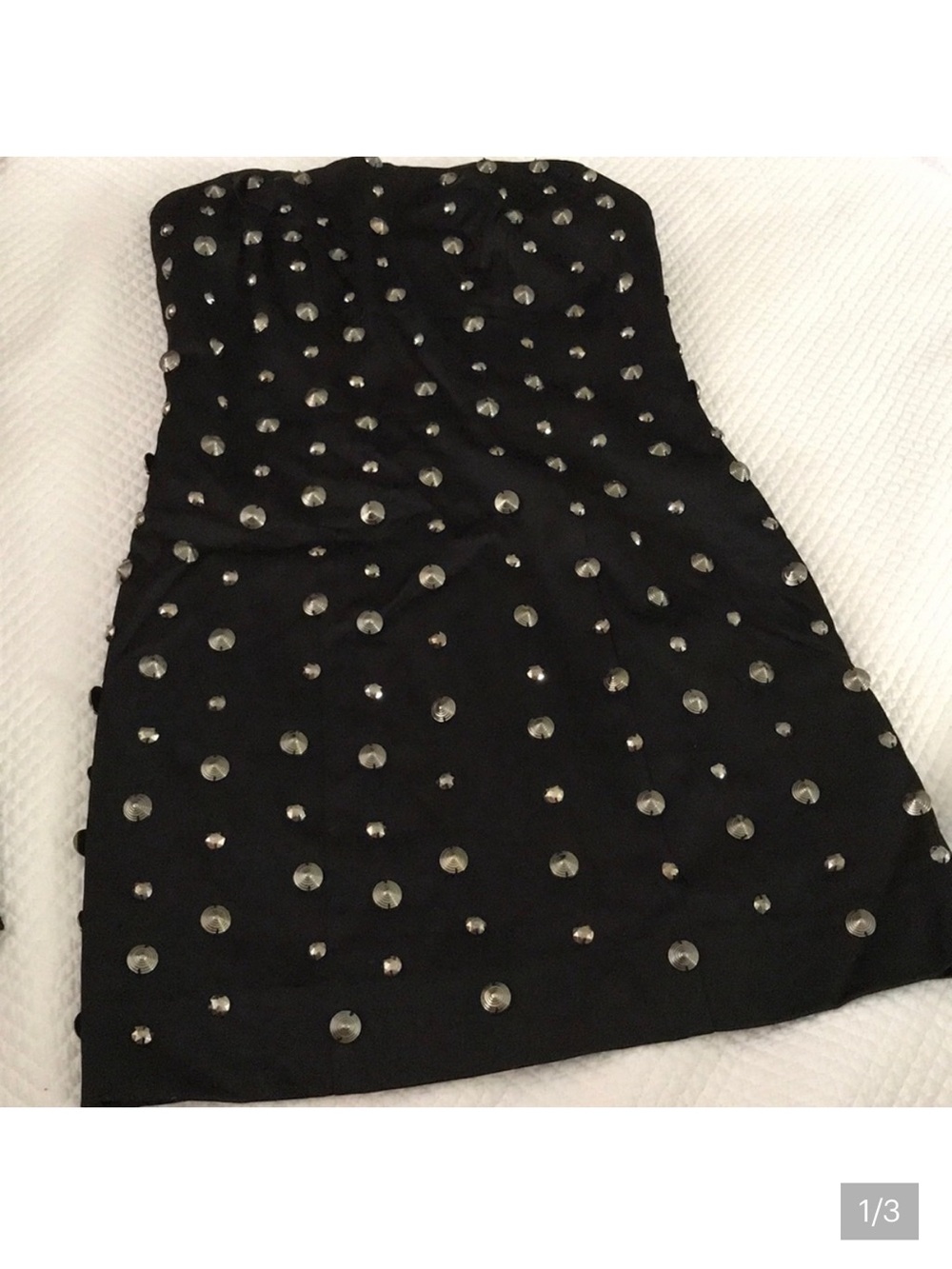 Bebe Strapless Black satin mini Dress with gunmetal silver Stud Y2K